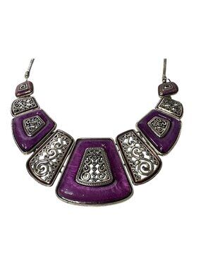Purple Enamel Statement Necklace Geometric Boho Intricate Chunky Silver Tone